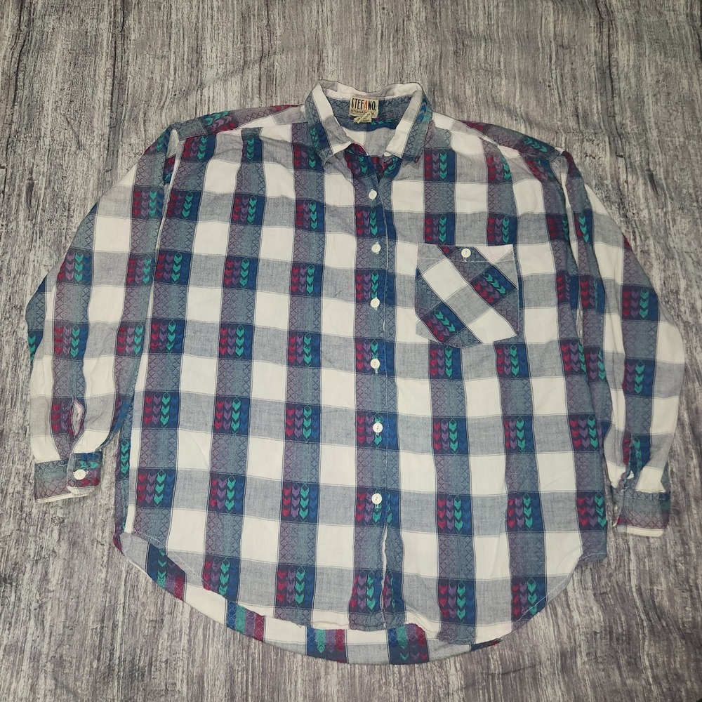 Stefano‎ International Plaid Shirt Large L Vintage 90s Button Up Short Sleeve